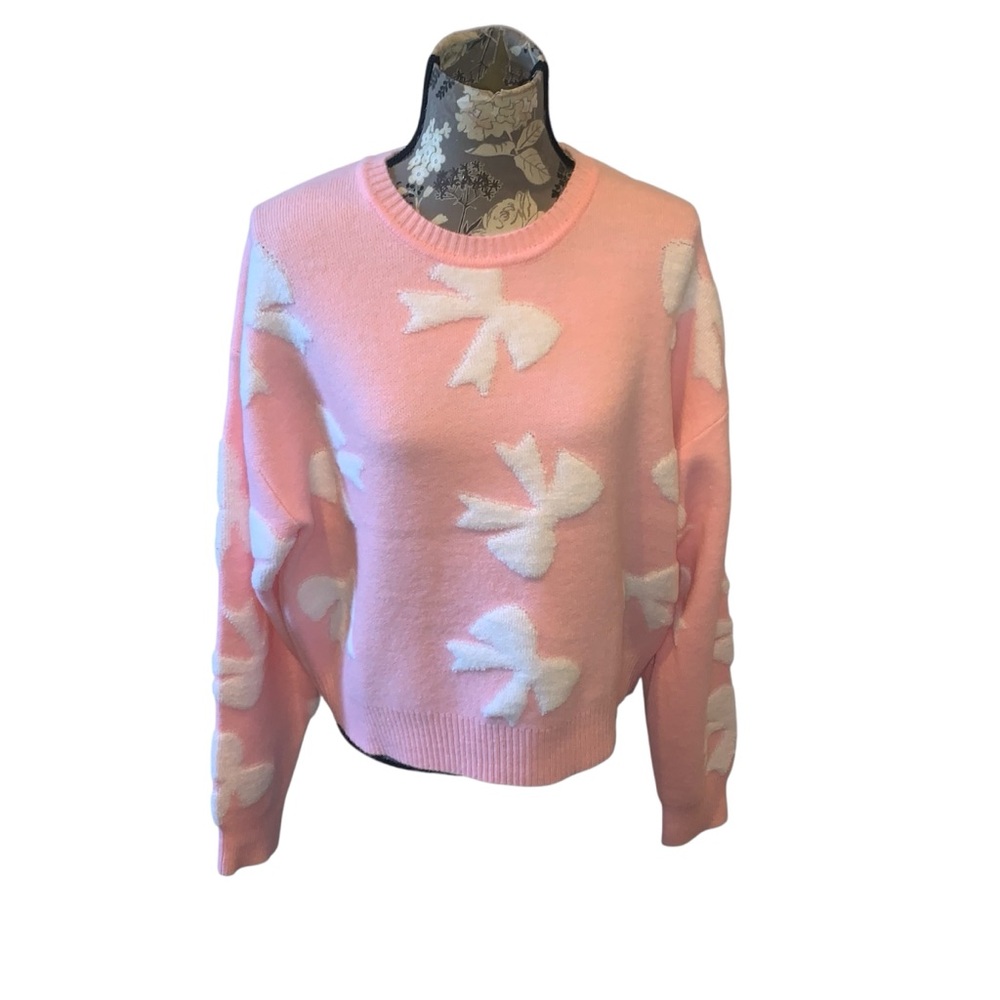 Pink Crewneck Sweater with White Bow Accents size Large NWT